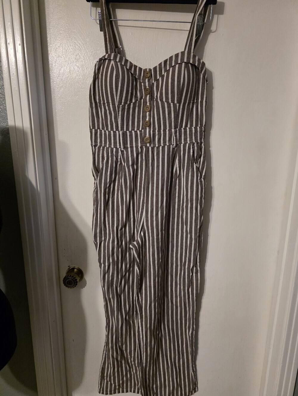 Iris Striped Button-Front Jumpsuit in Brown and White